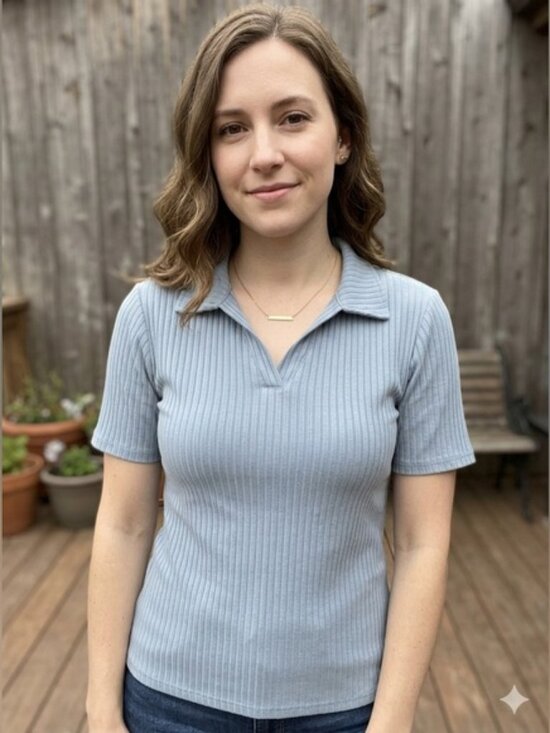 Tops - Light Blue Ribbed Polo Top